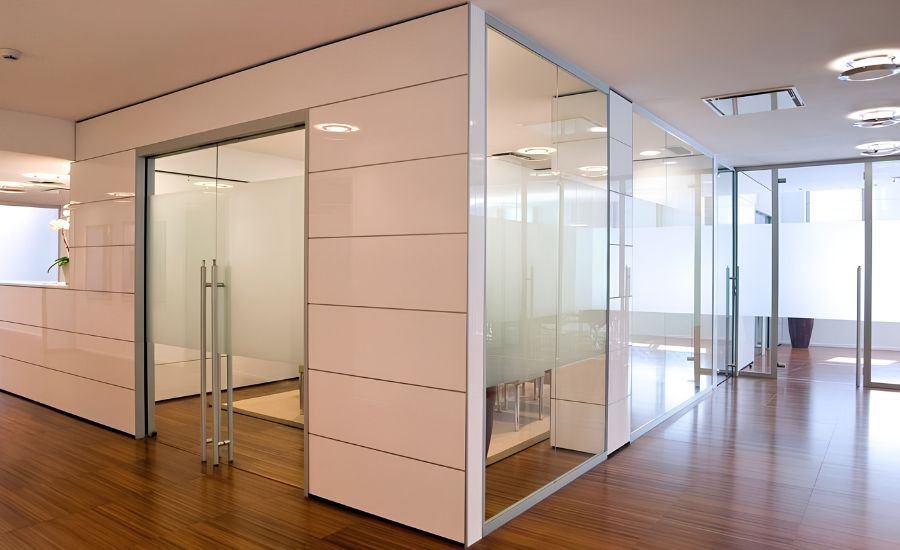 Modern gypsum, aluminum, and glass partition systems for office and commercial interiors